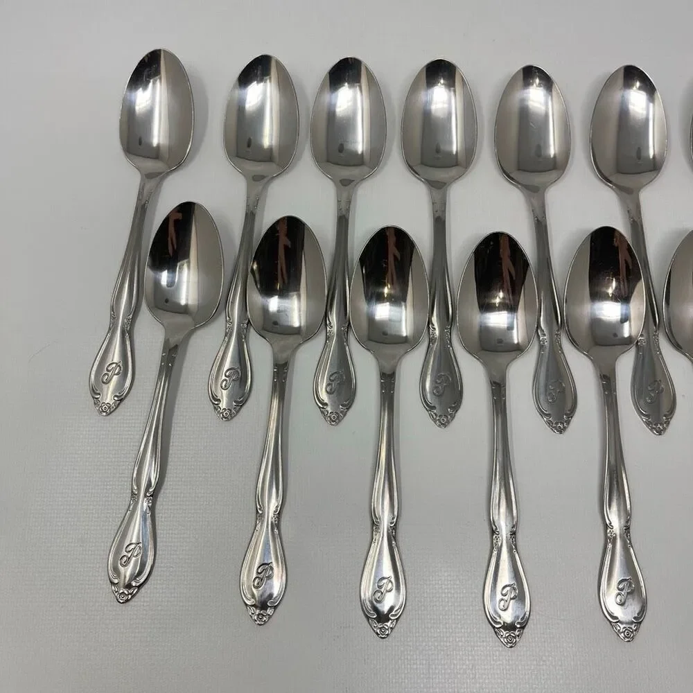 Lot of 16 Custom Craft Stainless Steel Flatware Spoon Spoons Korea Monogram P 6